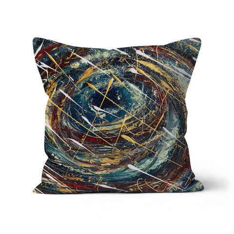 Odyssey Throw Pillows with Art is a blast of colour in deep blues swirling around with deep velvet reds, golds and splashes of white.  This image has the look of the  eye of a tornado or an unknown odysseyy