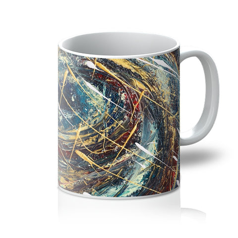 Artistic Odyssey Mug with an abstract image in vibrant colours of deep blues,velvet reds, splashes of gold & whites.  Resembling the eye of a black hole in space or an odyssey, whirlwind...for you to interpret!