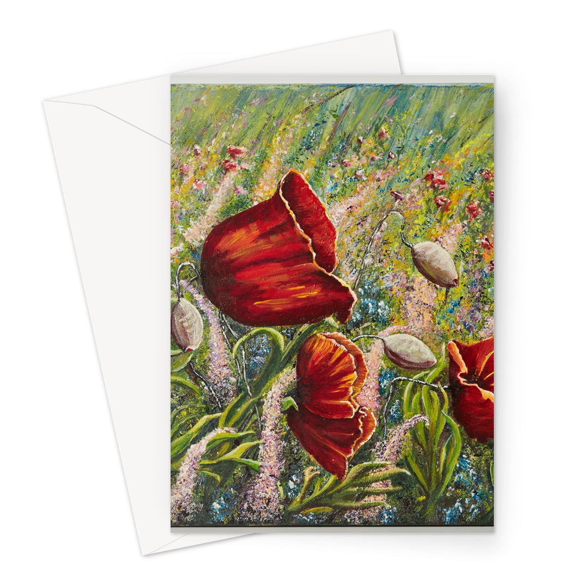 Poppy Love Greeting Card with bright large poppies amoungs a field of beautiful wild soft coloured flowers