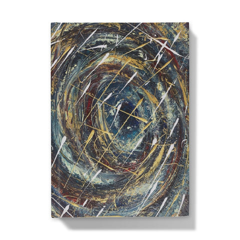 artistic Hardback journal with abstract design with swirling blues, velvet reds, golds & white resembling a beautiful coloured black hole in space or a planet