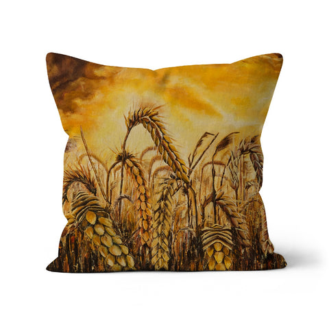 Golden Fields & Poppies Throw Pillows with art of golden warm colours and lighter dried grasses of natural colours and small red poppies. Wild field on a cushion, delightful design