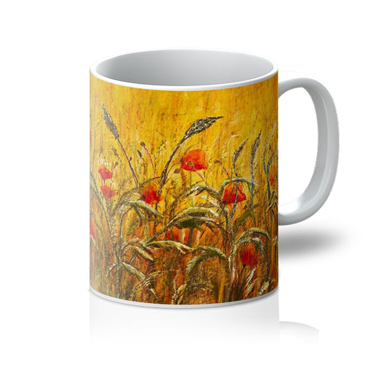 Artistic Coffee Mug Golden Fields & Poppies beautiful gloss finished mug is an artwork featuring an intricate design of a wild field of golden wheat  dried grasses soft red poppies, 