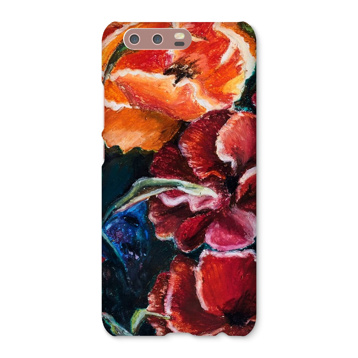 custom artistic snap on phone skin with image of res poppy heads. Colours red, orange and deep blue green leaves.