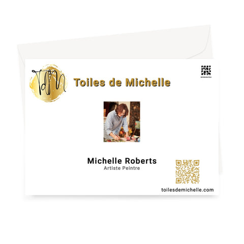 QR code, logo, & a photograph of Michelle Roberts painting