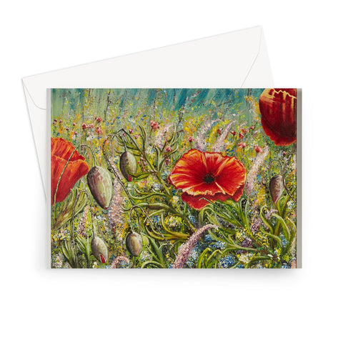 Poppy Love Greeting Card with a beautiful red poppy in a wild field of flowers and delicate colours all around of pinks, yellows, whites etc