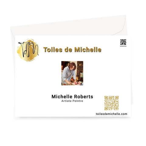 QR CODE LOGO AND A PHOTOGRAPH OF Michelle Roberts PAINTING