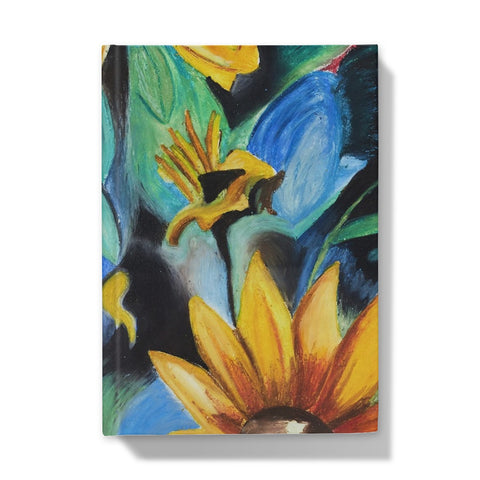 Abstract Sunflower Hardback Journal with bright colours of yellows, auburns and blues & greens and deep colours in between