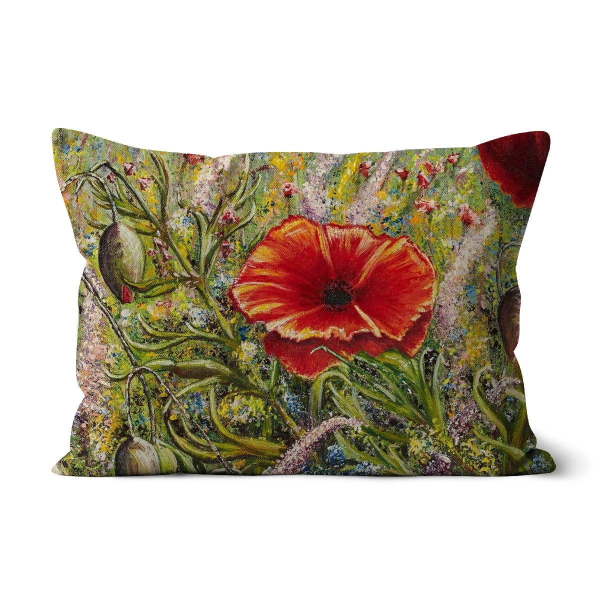 Poppy Love Cushion with an beautiful array of wild flowers in all soft shades of colours and red poppies dancing in mix