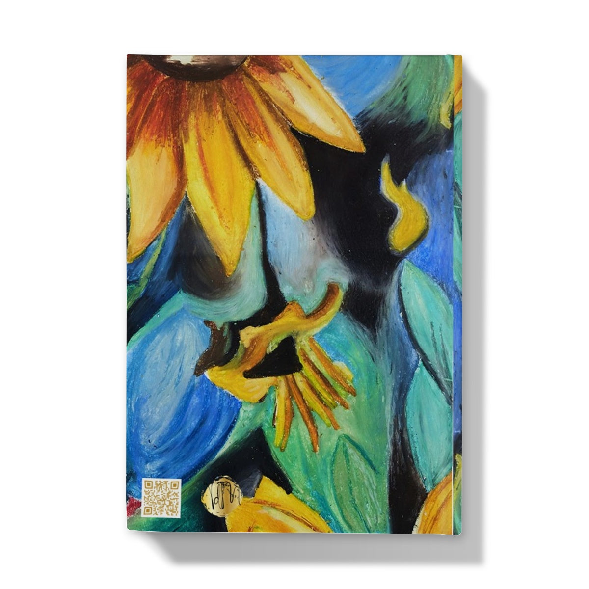 Abstract Sunflower Hardback Journal with bright colours of yellows, auburns and blues & greens and deep colours in between