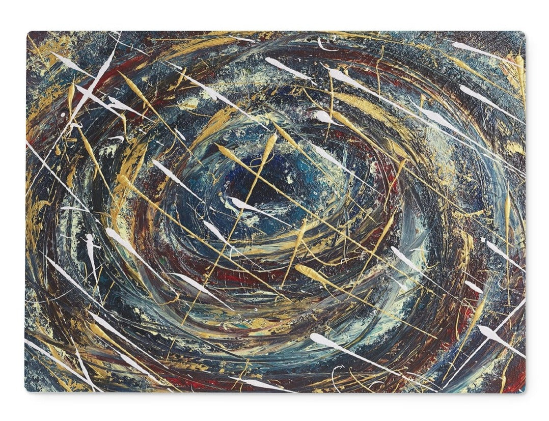 1200 × 1200px  Odyssey glass chopping board is a blast of colour in deep blues swirling around with deep velvet reds, golds and splashes of white. This image has the look of the eye of a tornado or an unknown odyssey