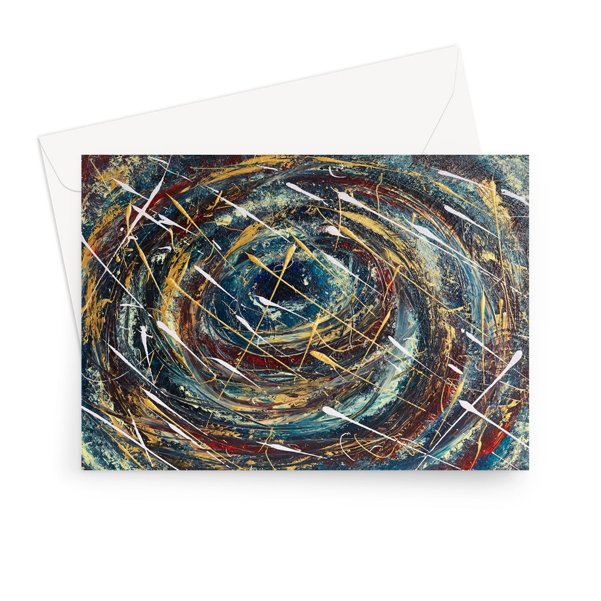 Artistic Odyssey Blank Greeting Card is a swirling fusion of colours as if we are looking into a black hole in space, with blues velvet reds and splashes of whites & golds