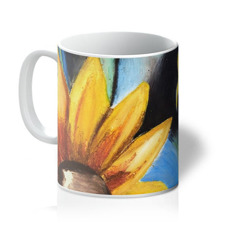 Artistic Coffee Mug Abstract Sunflower with large yellow sunflower & blues & emerald green colours surrounding it.  