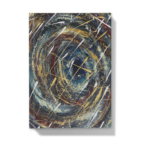  artistic Hardback journal with abstract design with swirling blues, velvet reds, golds & white resembling a beautiful coloured black hole in space or a planet