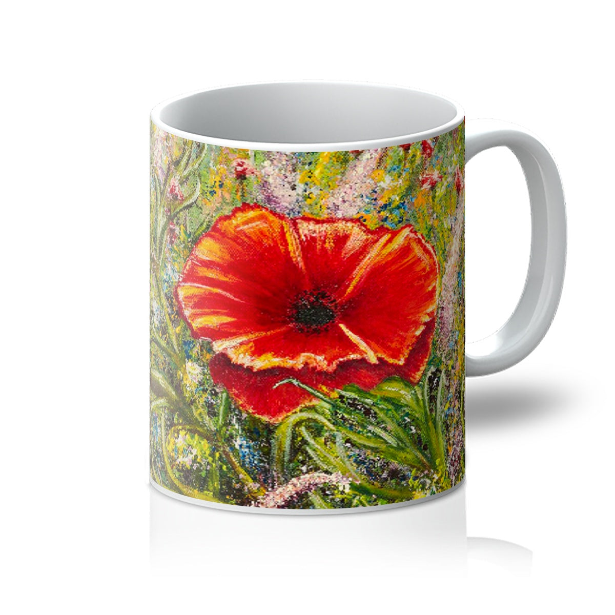 Artistic Poppy Love Mug beautiful poppy head fully open in red and wild flower all around