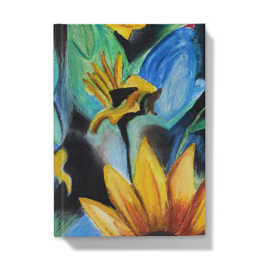 Abstract Sunflower Hardback Journal with bright colours of yellows, auburns and blues & greens and deep colours in between