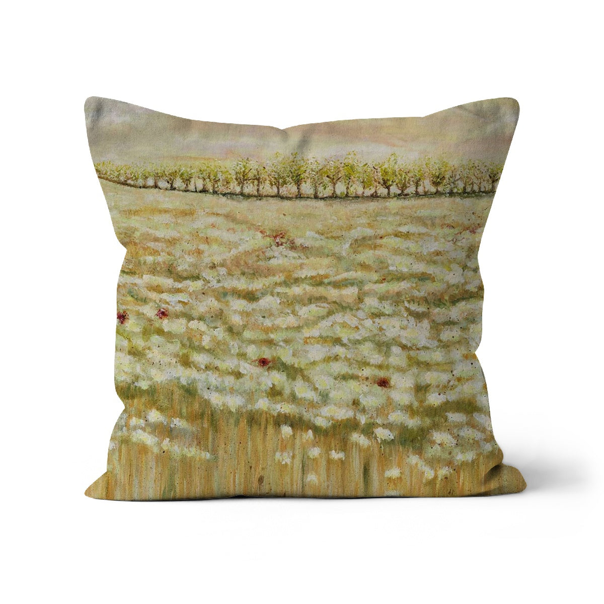 Soft Shades of a Wheat Field Throw Pillow with Art, with soft colours of beige, white, creams, greans and red poppies & trees far in the background