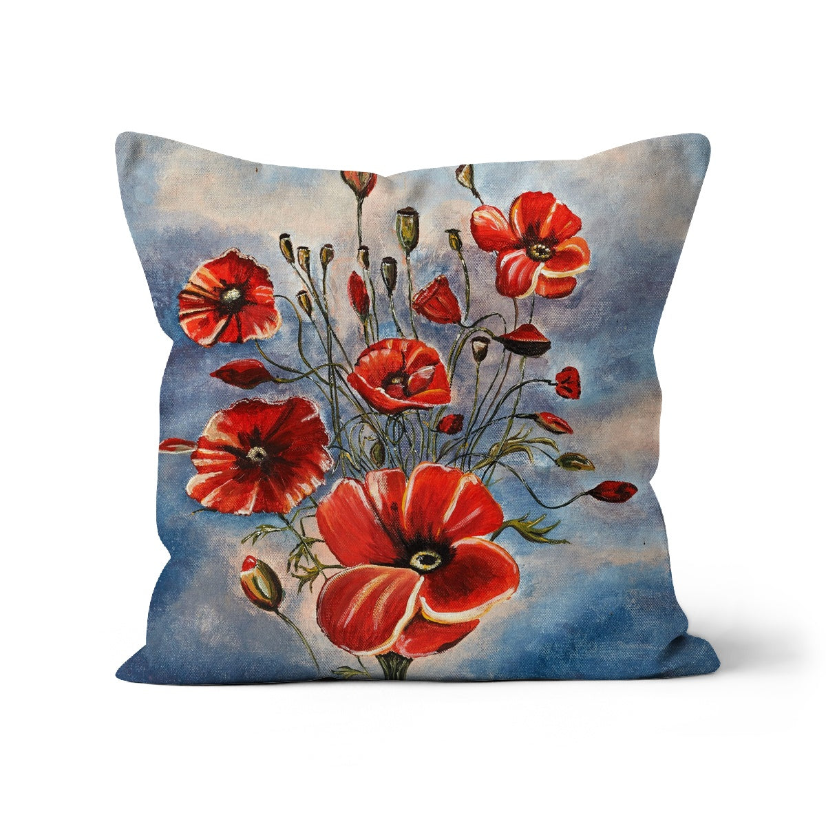 throw pillow with a design of a red bouquet of poppies & slate blue background