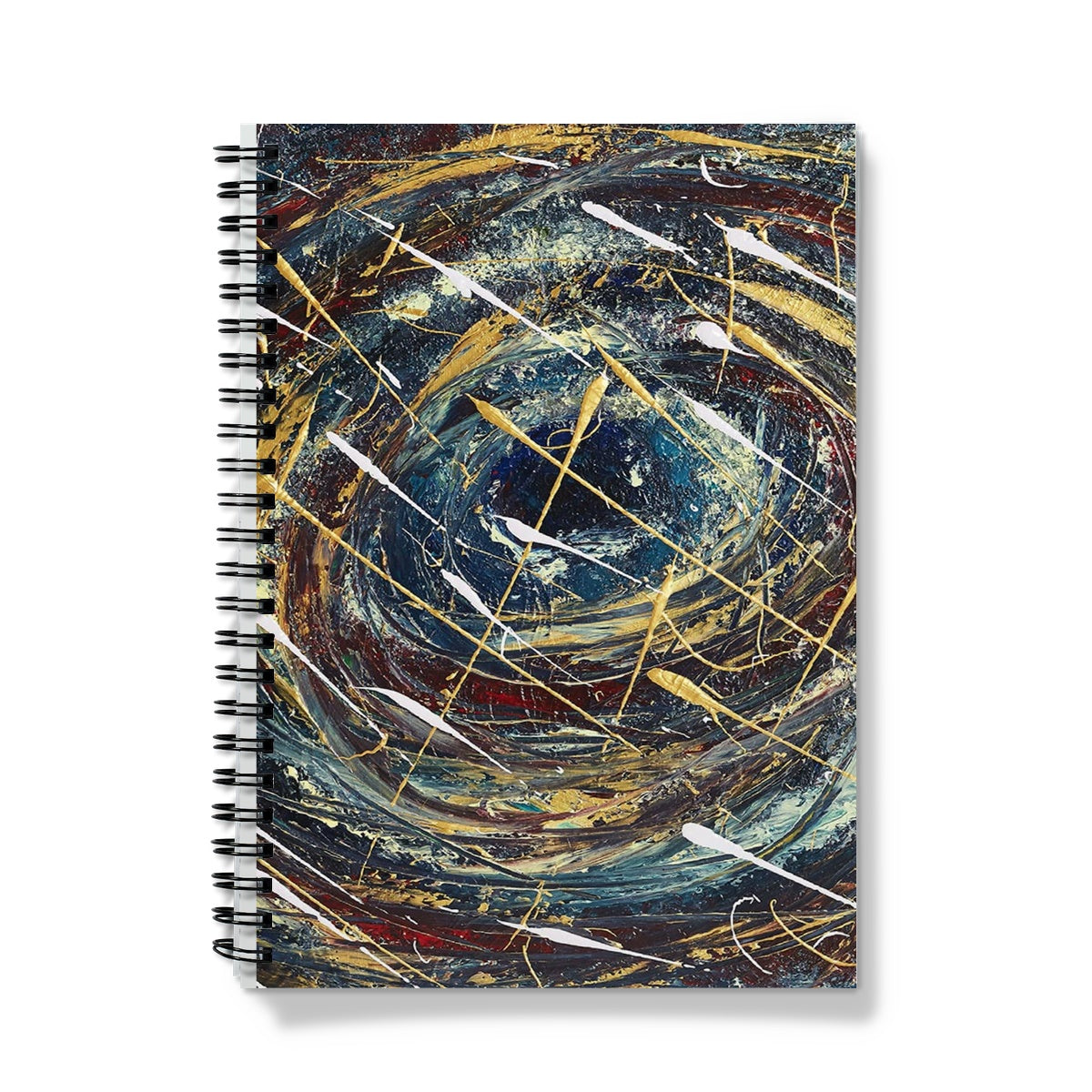 Odyssey journal Notebook is a swirling image of a dark blue centre getting larger all the time with deep velvet reds and colours in-between & splashes of gold & white