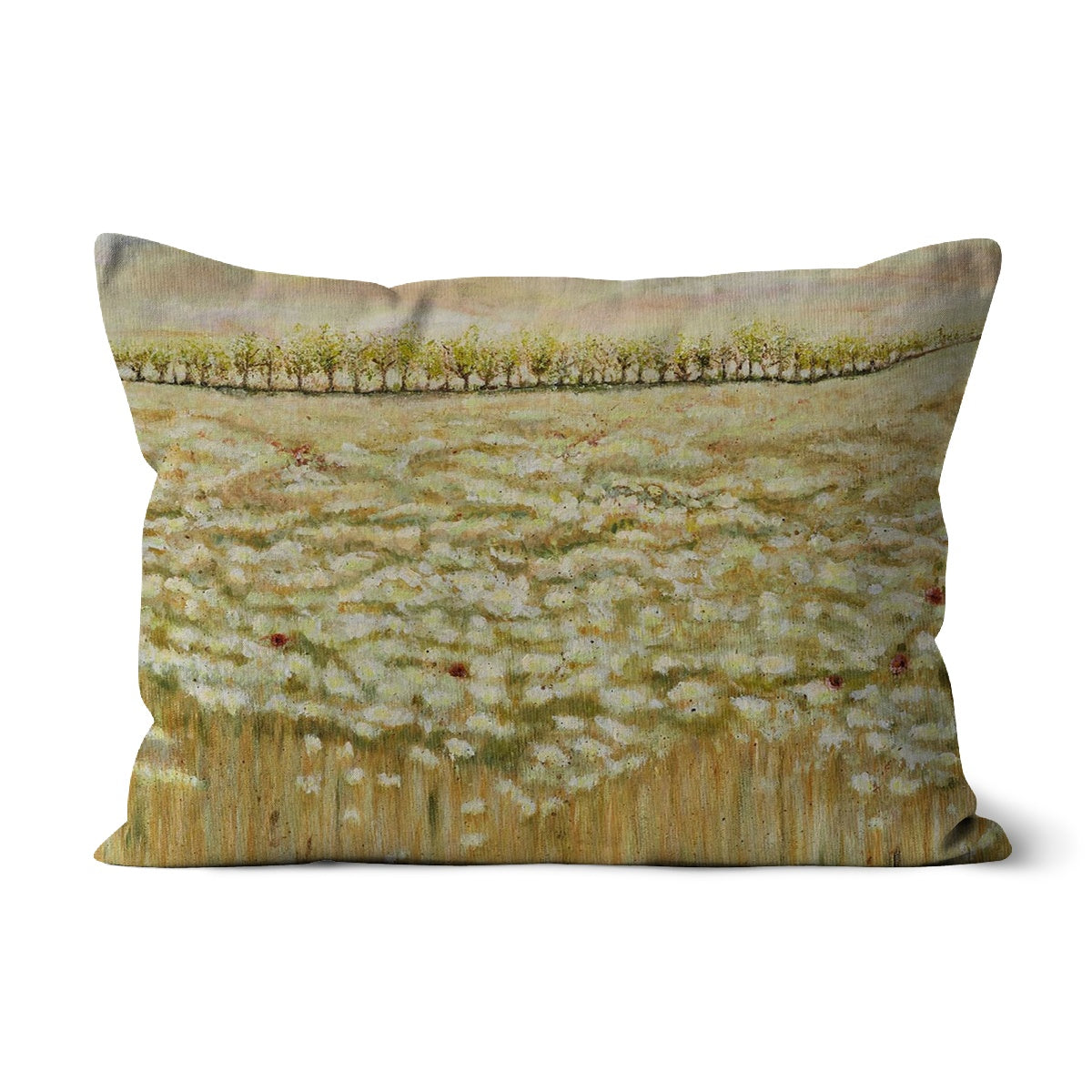 Soft Shades of a Wheat Field Throw Pillow with Art, with soft colours of beige, white, creams, greans and red poppies & trees far in the background