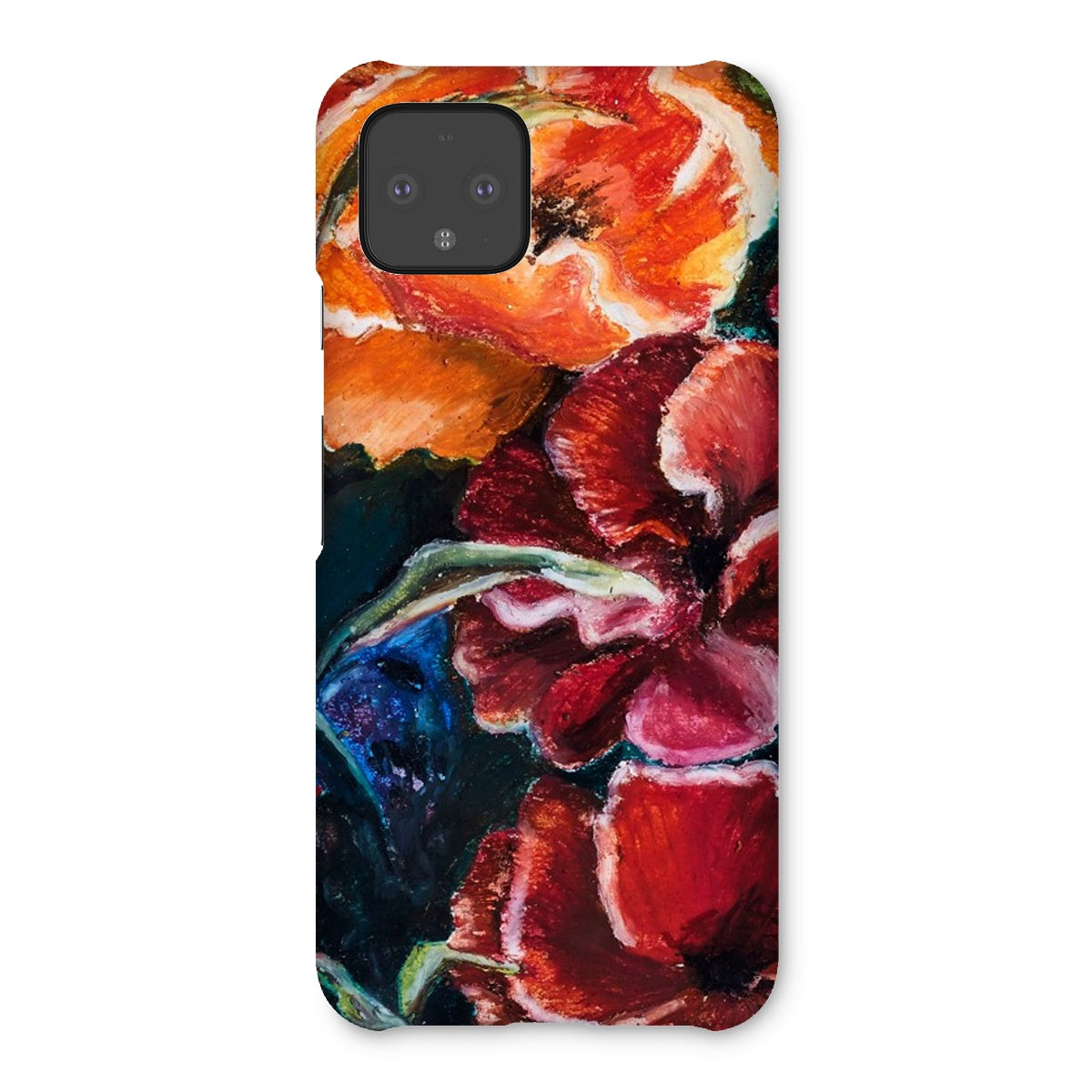 custom artistic snap on phone skin with image of res poppy heads. Colours red, orange and deep blue green leaves.