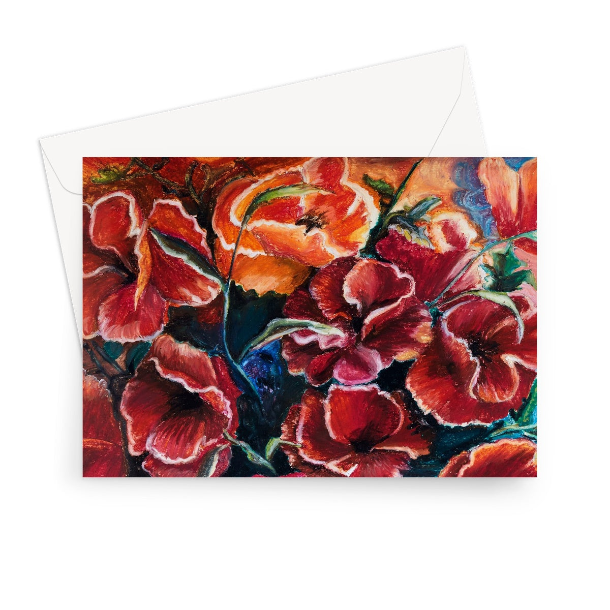 Atistic Blank Greeting Card Poppy Love with rich velvet red colours, deep dark blues & greens to show depth between the poppy heads and petals