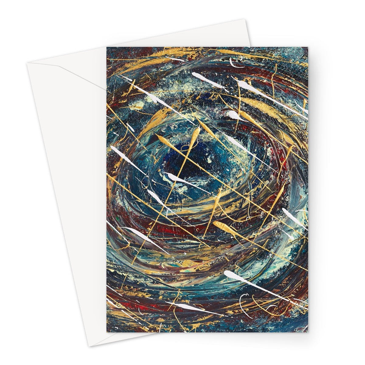 Artistic Odyssey Blank Greeting Card is a swirling fusion of colours as if we are looking into a black hole in space, with blues velvet reds and splashes of whites & golds