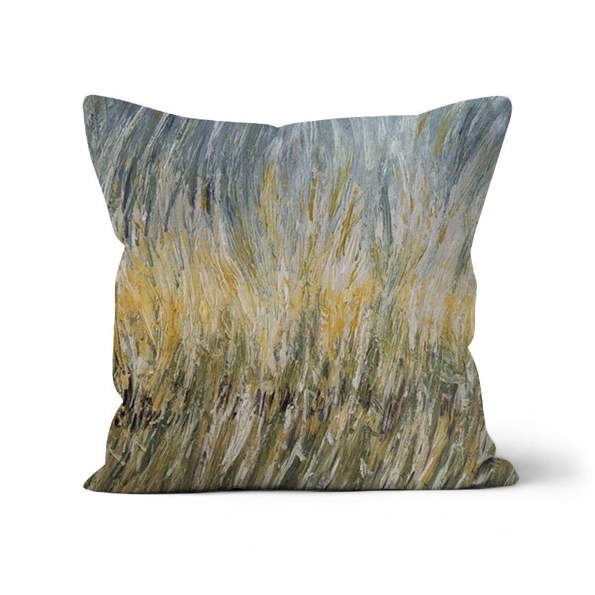 Wheat fields Throw Pillows with Art with an abstract design of the ground in sage greens and a touch of browns through to golds whites, and leading to pale blues of the sky