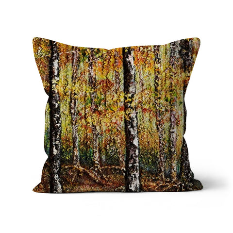 Forest of Gold Throw Pillow with Art  with a colours of golds, auburns yellows and the forest floor.  A unique design and very original