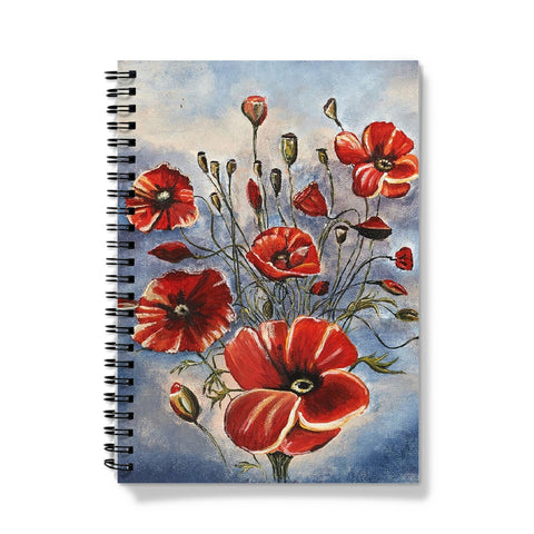 Bouquet of Poppies Journal Notebook with a blue slate and soft shades of pink here and there and red open & closed poppies in their bouquet.  Beautiful design