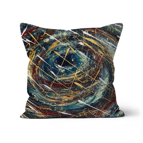 Odyssey Throw Pillows with Art is a blast of colour in deep blues swirling around with deep velvet reds, golds and splashes of white.  This image has the look of the  eye of a tornado or an unknown odyssey