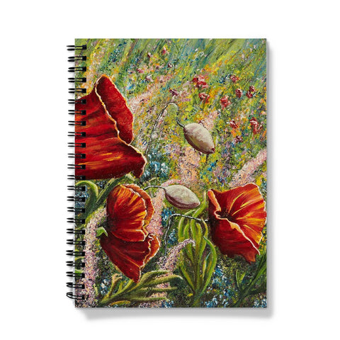 Poppy Love Journal Notebook with a sublim design of intricate flowers in a wild field and larger red poppies to the foreground.  Beautiful fusion of colours & nature at her best.