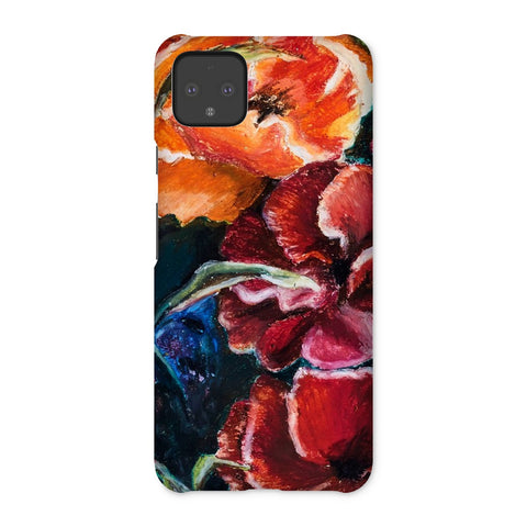 custom artistic snap on phone skin with image of res poppy heads. Colours red, orange and deep blue green leaves.