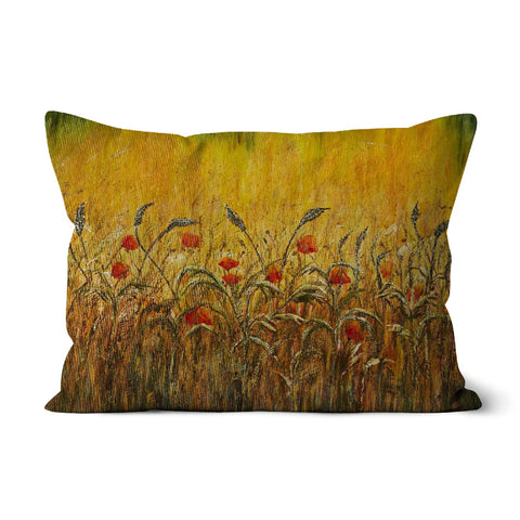 Golden Fields & Poppies Throw Pillows with art of golden  warm colours and lighter dried grasses of natural colours and small red poppies.  Wild field on a cushion, delightful design