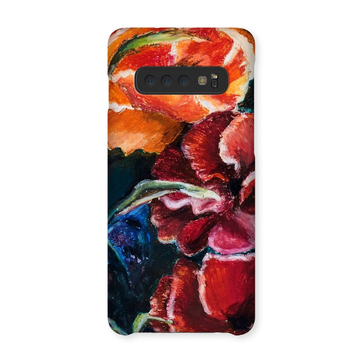 custom artistic snap on phone skin with image of res poppy heads. Colours red, orange and deep blue green leaves.