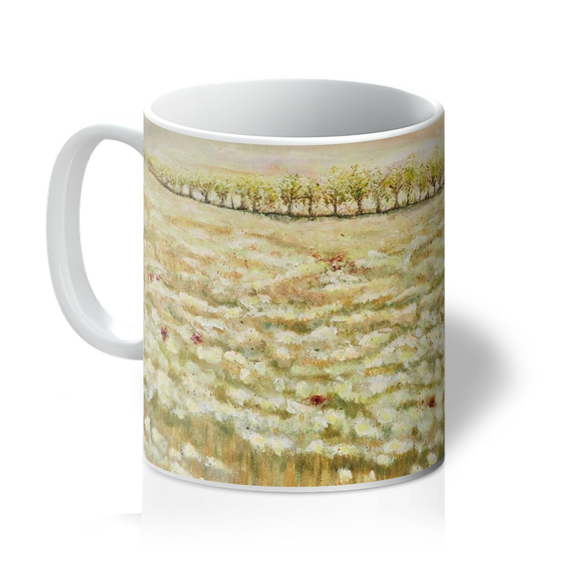 Artistic Shades of a wild field Mug with a beautiful image of a field full of whites & beige colours, the odd red poppy with trees in the distance bringings soft shades of sage greens into the colours that travel in-between the flowers etc