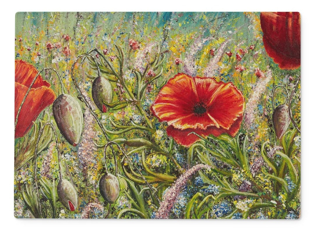 Beautiful Poppies & wildflowers Glass Chopping Board with colours to melt your mouth, enhancing the imagination to better enjoy your culinary experience in your kitchen! With lighter red colours for these poppies & soft colours of wildflowers & leaves, dried grasses into the distance.