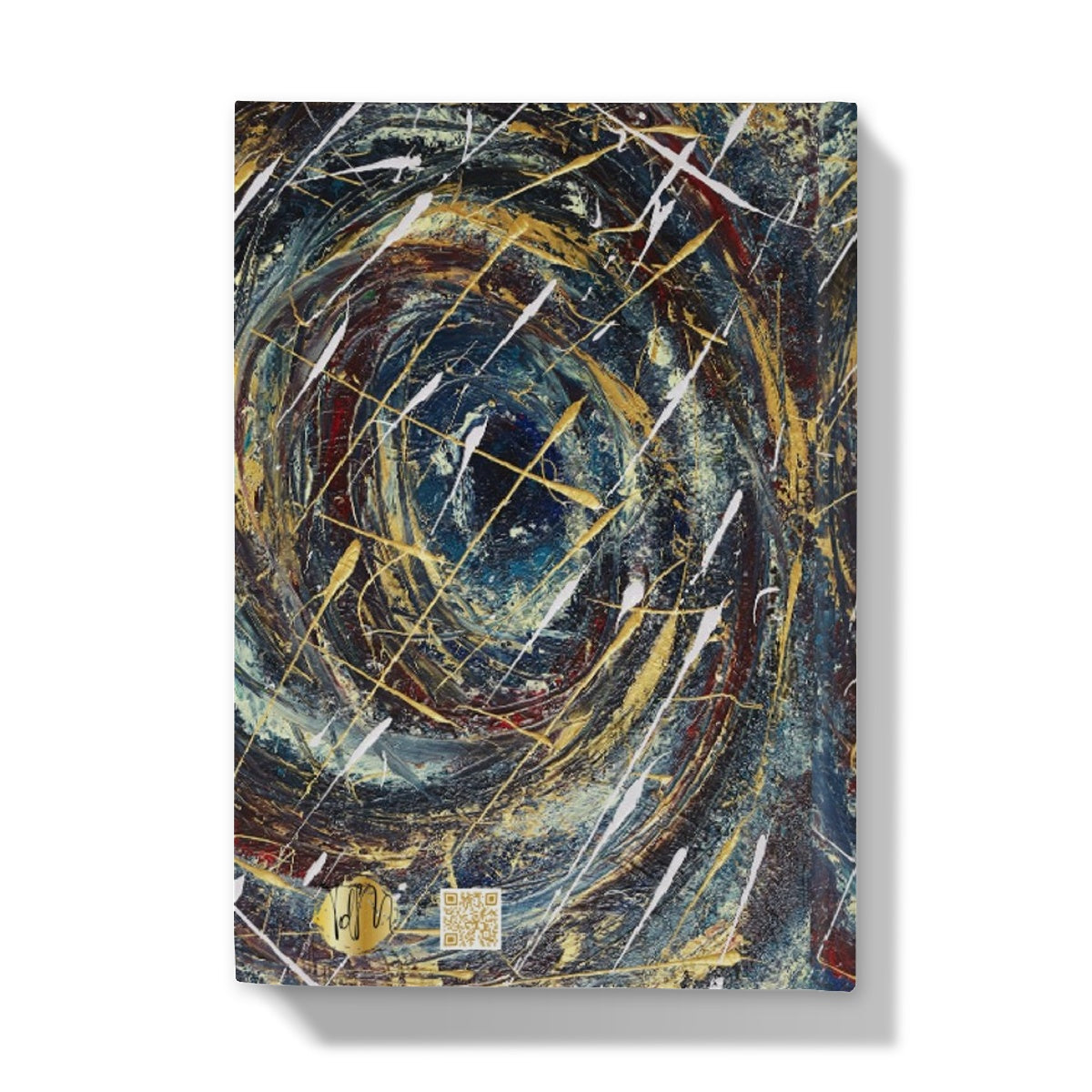 artistic Hardback journal with abstract design with swirling blues, velvet reds, golds & white resembling a beautiful coloured black hole in space or a planet