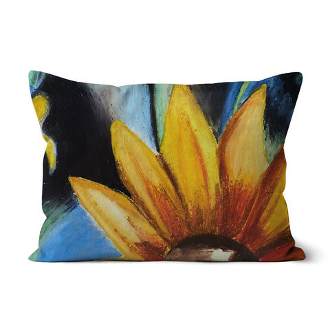 Abstract Sunflower Throw Pillow with Art is a beautiful mix of blues, tourquoise greens & darker tones behind the yellows & orange sunflowers. Abstract flower in the centre & more traditional petals reaching up from the bottom