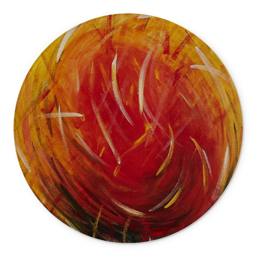 A Round Artistic Glass Cutting Board Warm Energy a red ball of sun & energy surrounded by swirling wind & grass thrown through the air and the yellow hues beyond