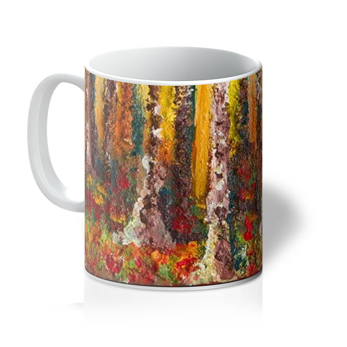 Artistic Coffee Mug Small Wood has a close up image of golden sunlight coming through the tall trees of loose bark & colour still in the leaves that have fallen to carpet the ground around