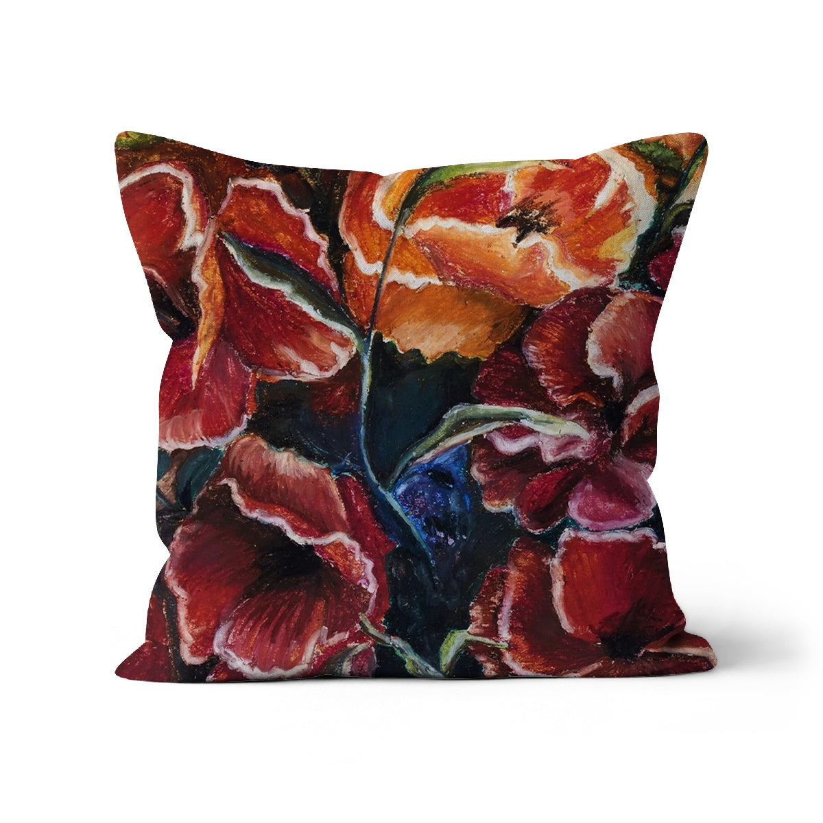 Poppy Love Throw Pillow with Art beautiful design of red and slightly varied red/orange coloured poppy heads with deep blues & green to give depth between them.  Unique  special design