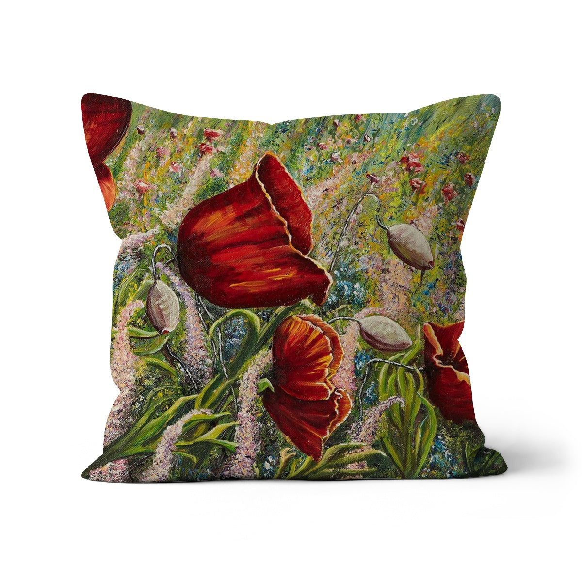 Poppy Love Throw Pillows with a beautiful design of a fusion of colours of flowers in wild fields and red poppies towards the foreground.  A unique design and an original!