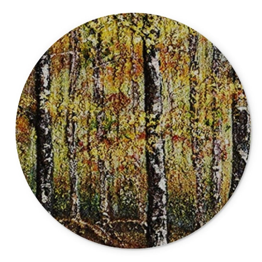  Round Artistic Glass Cutting Board Forest of Gold with colours of a Canadian forest in the fall.  Golds yellows bronzes and beautifylly crafted trees.  Nature in your kitchen while creating your meals can't be bad!