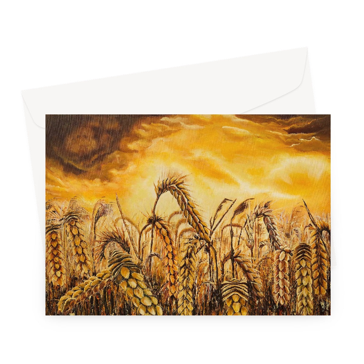 Artistic Stormy Wheat Field Greeting Card showing beautiful heads of golden wheat in a field under a stormy sky of dark clouds & bright golden flashes of light