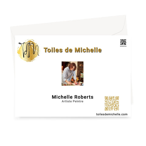 Logo , QR code and a picture of Artist Michelle Roberts painting