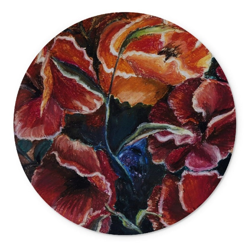 Artistic Glass Cutting Board Poppy Love with velvet red poppies with floppy soft petals  & deep green & blue colours to give depth between the poppy heads.  Enough to make your mouth water!