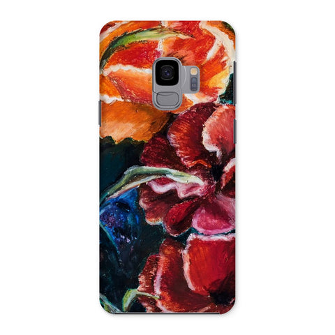 custom artistic snap on phone skin with image of res poppy heads. Colours red, orange and deep blue green leaves.