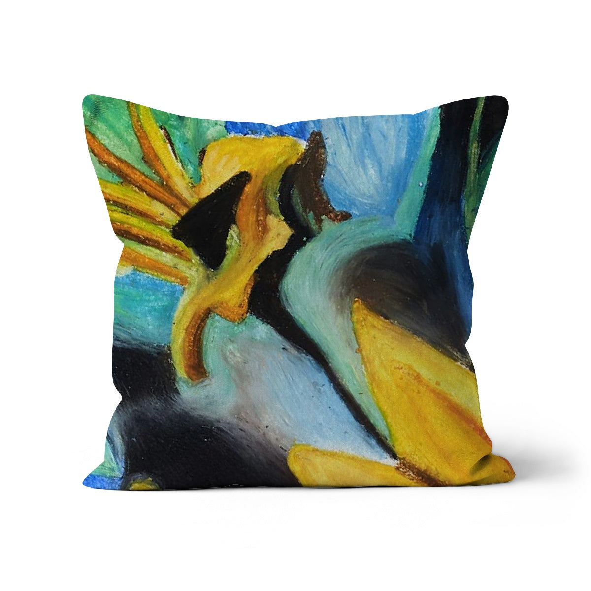 Abstract Sunflower Throw Pillow with Art is a beautiful mix of blues, tourquoise greens & darker tones behind the yellows & orange sunflowers. Abstract flower in the centre & more traditional petals reaching up from the bottom