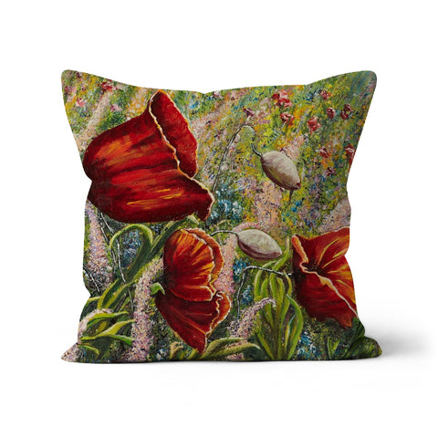 Poppy Love Throw Pillows with a beautiful design of a fusion of colours of flowers in wild fields and red poppies towards the foreground.  A unique design and an original!