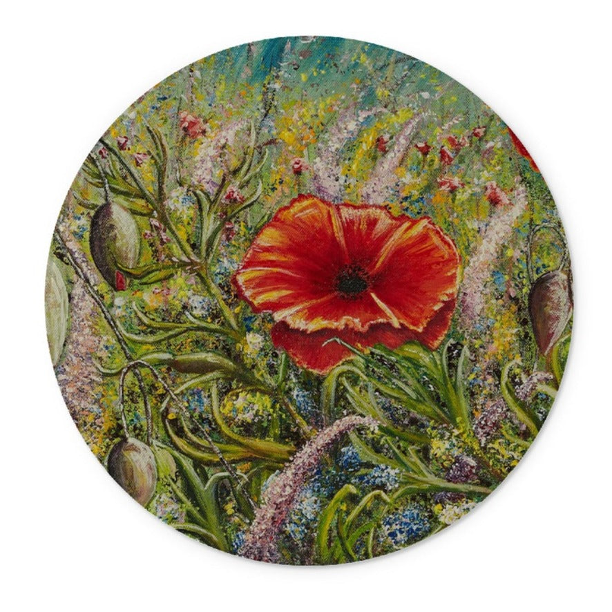 Beautiful Poppies & wildflowers Glass Chopping Board with colours to melt your mouth, enhancing the imagination to better enjoy your culinary experience in your kitchen!  With lighter red colours for these poppies & soft colours of wildflowers & leaves, dried grasses into the distance.